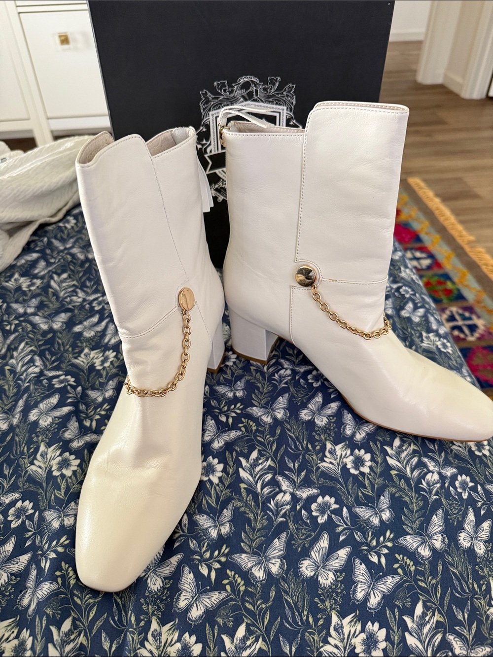 Silent D from Anyhropolgie Women's White Leather Mid-Calf Boots with Gold Chain